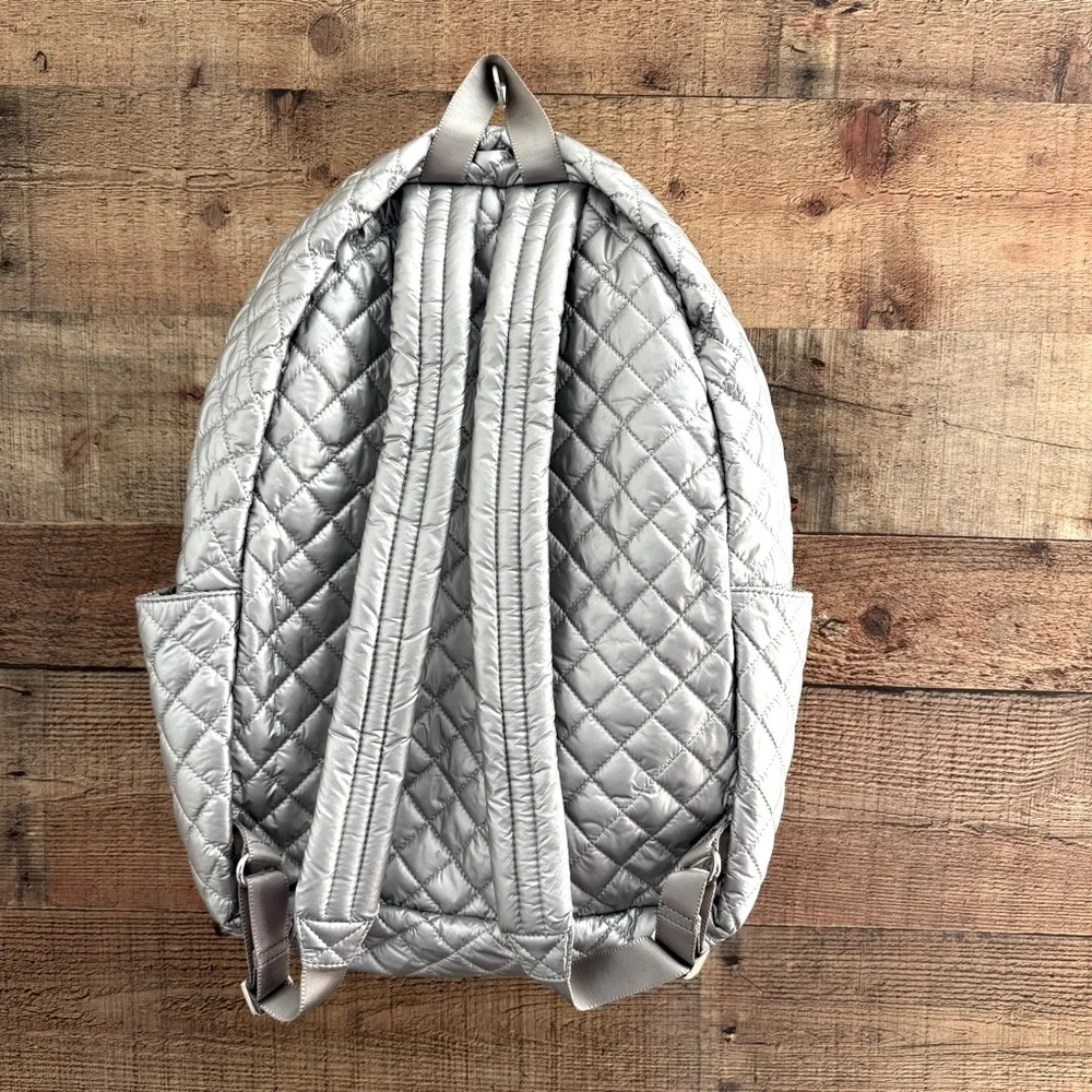 MZ Wallace Silver Quilted Nylon Backpack with Tan Leather Accents